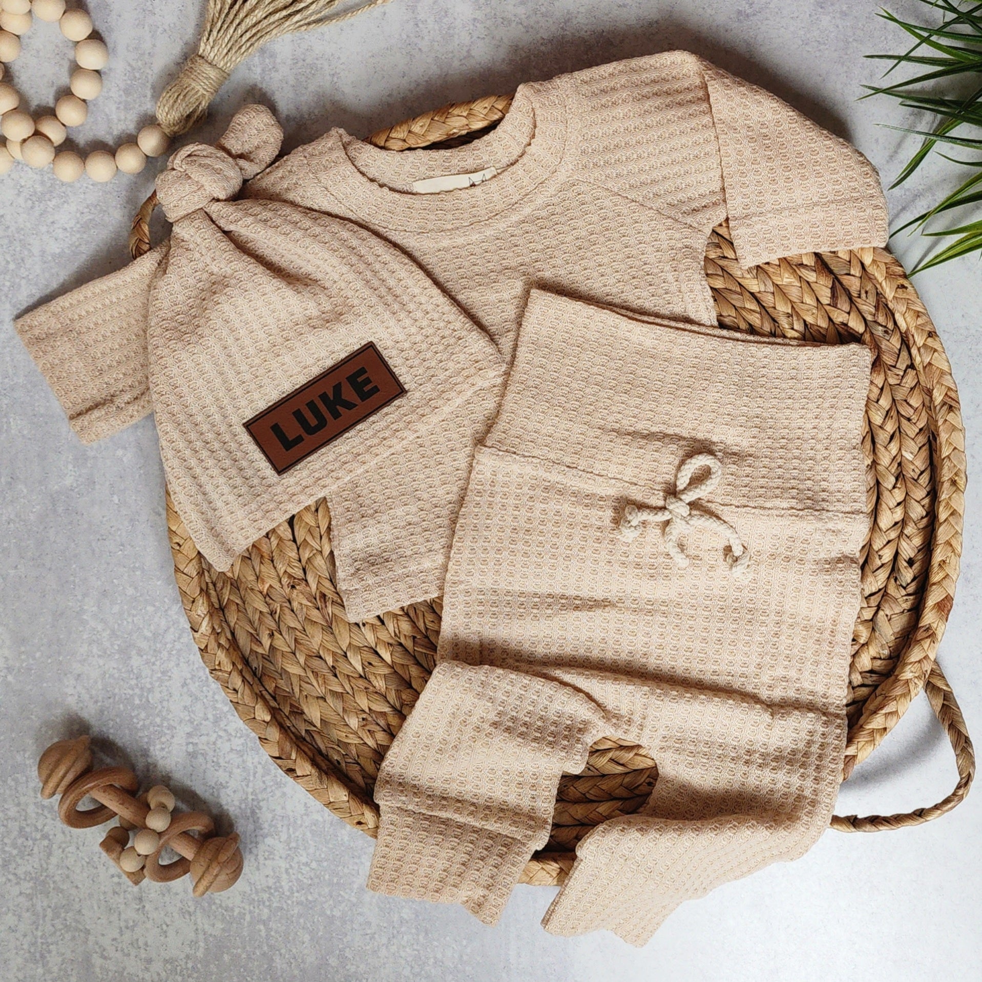 Waffle Name Hat Set - Oatmeal
