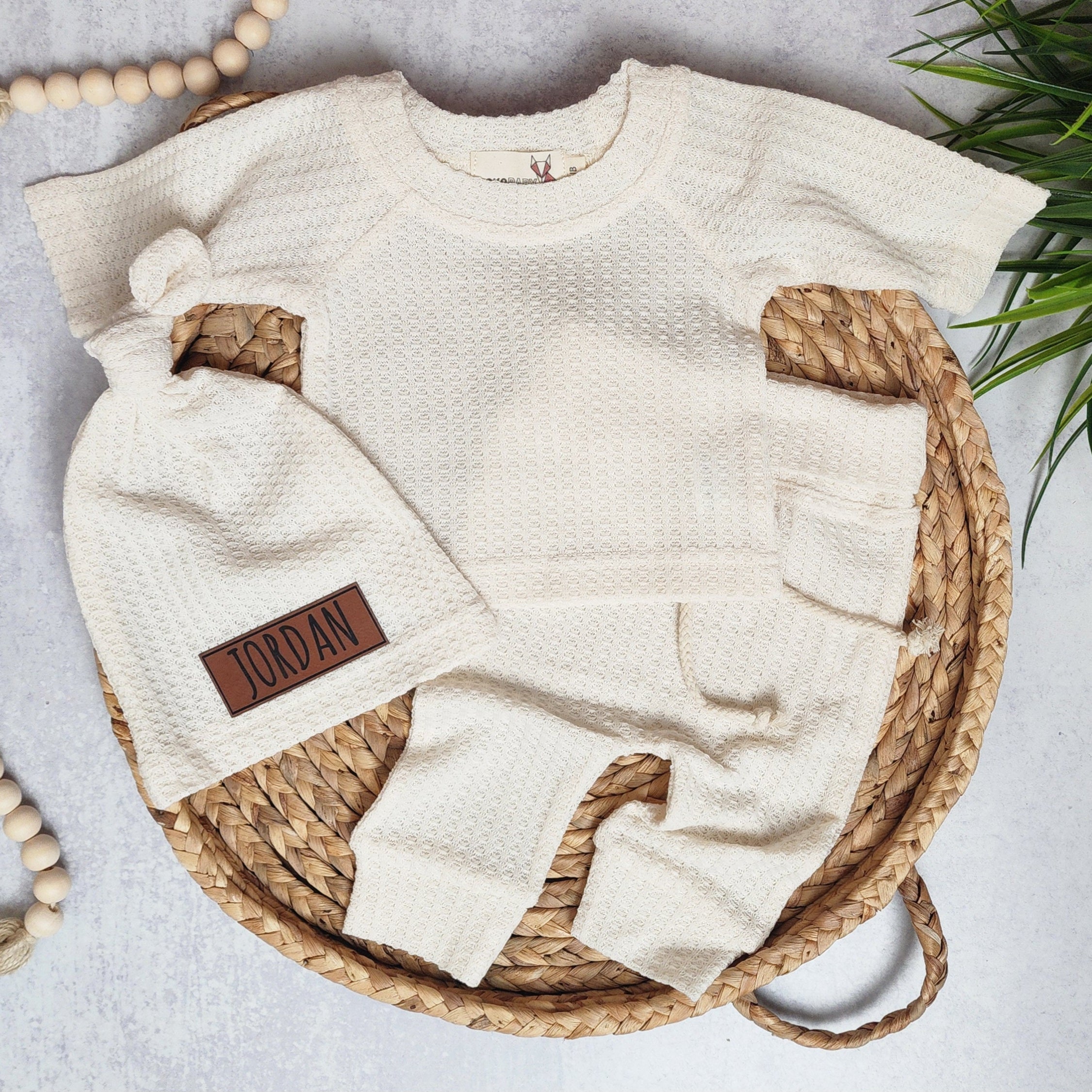 Waffle Name Hat Set - Cream