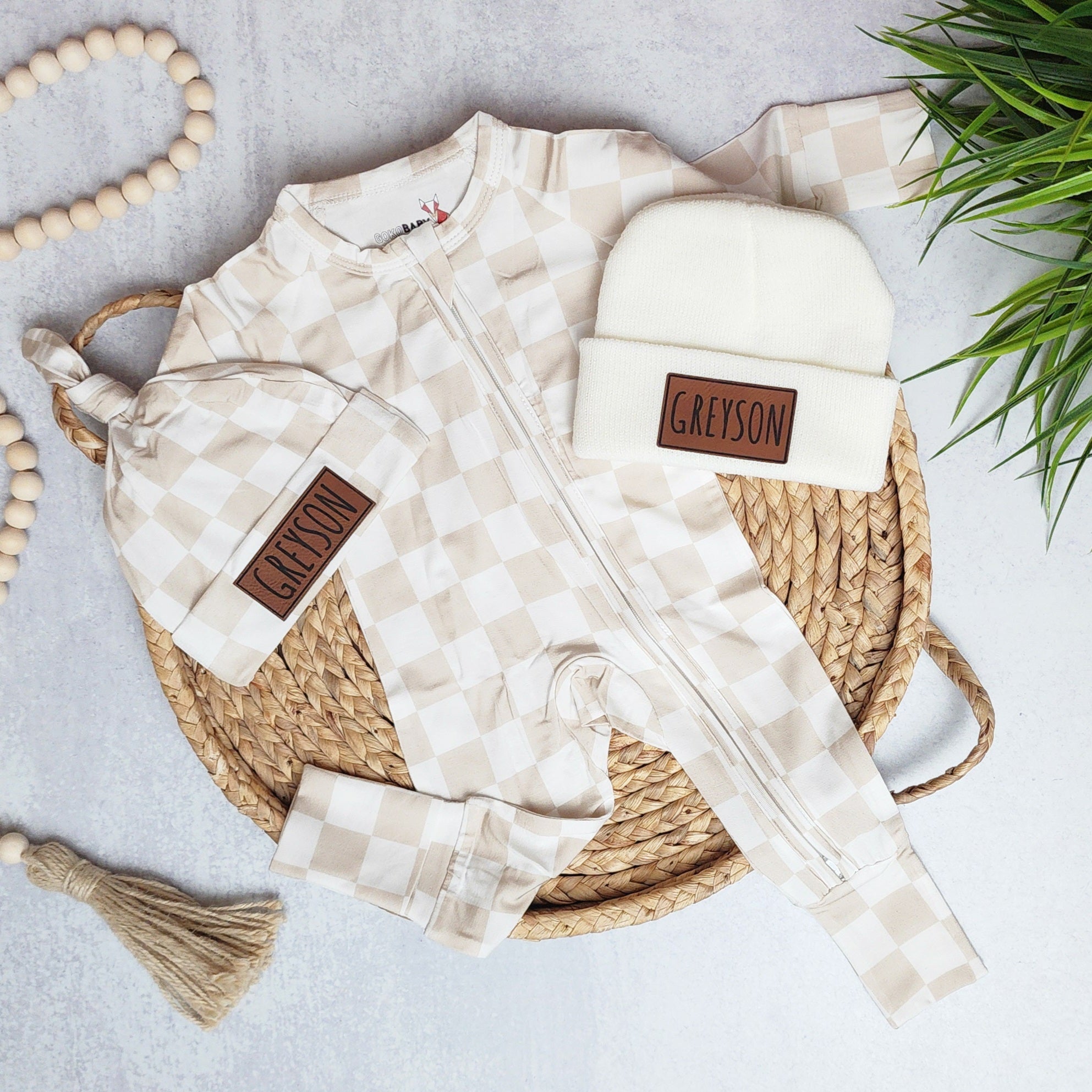 Bamboo Zip Romper | Personalized | Cream Checkerboard