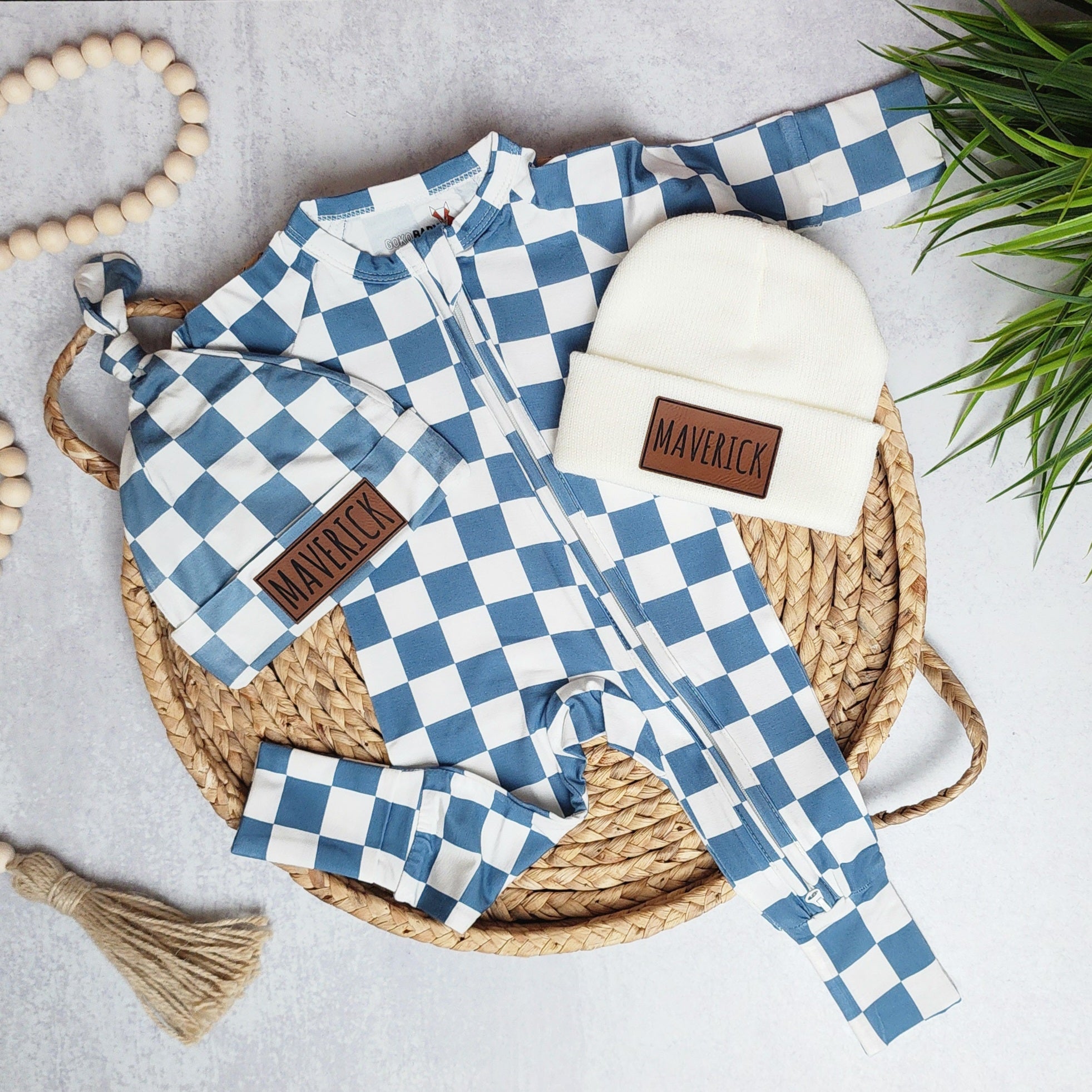Bamboo Zip Romper | Personalized | Blue Checkerboard