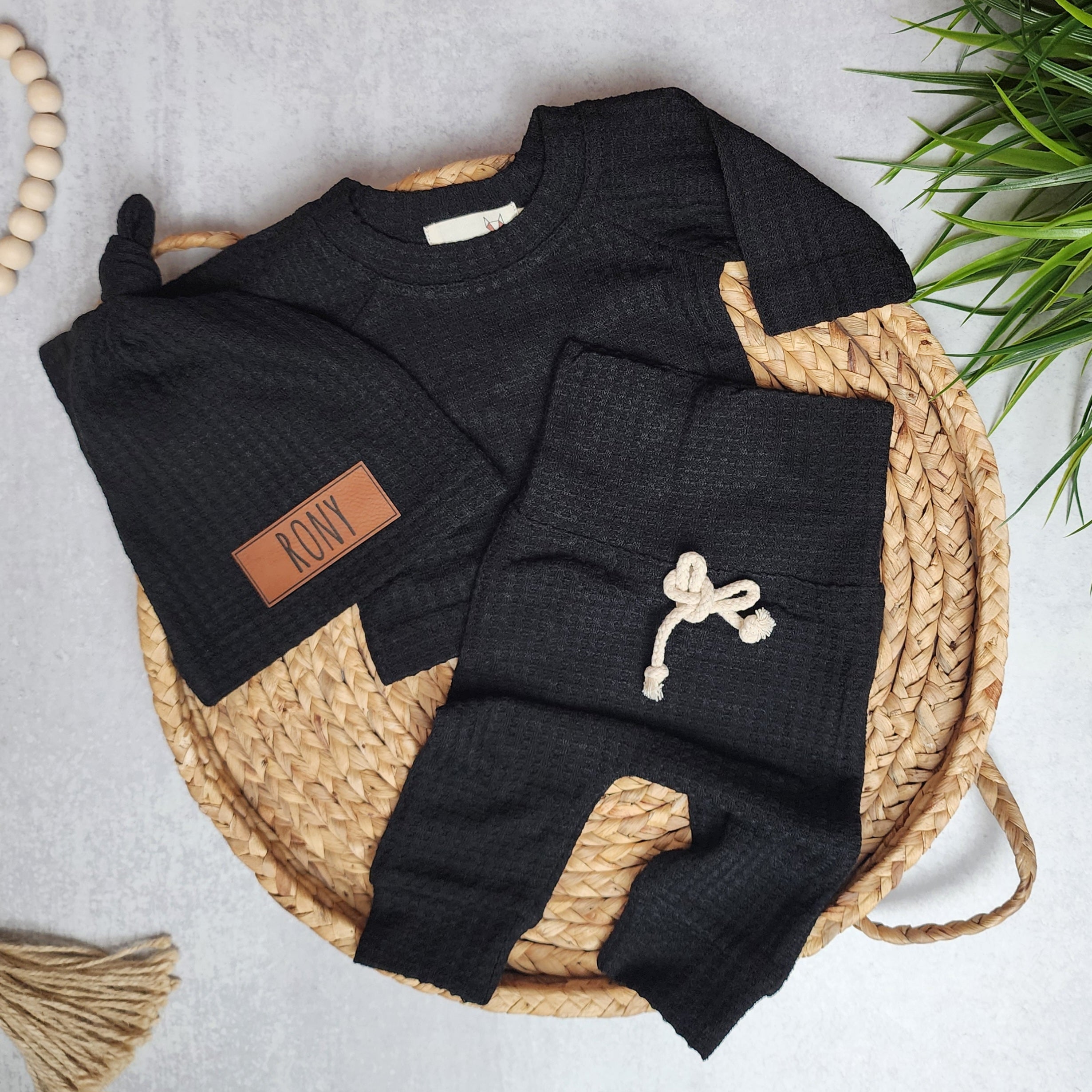Waffle Name Hat Set - Black