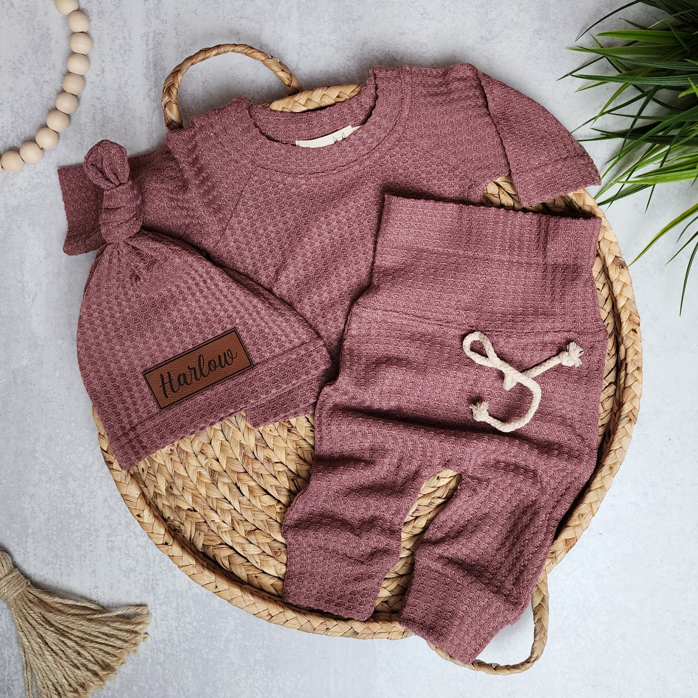 Waffle Name Hat Set - Dusty Plum