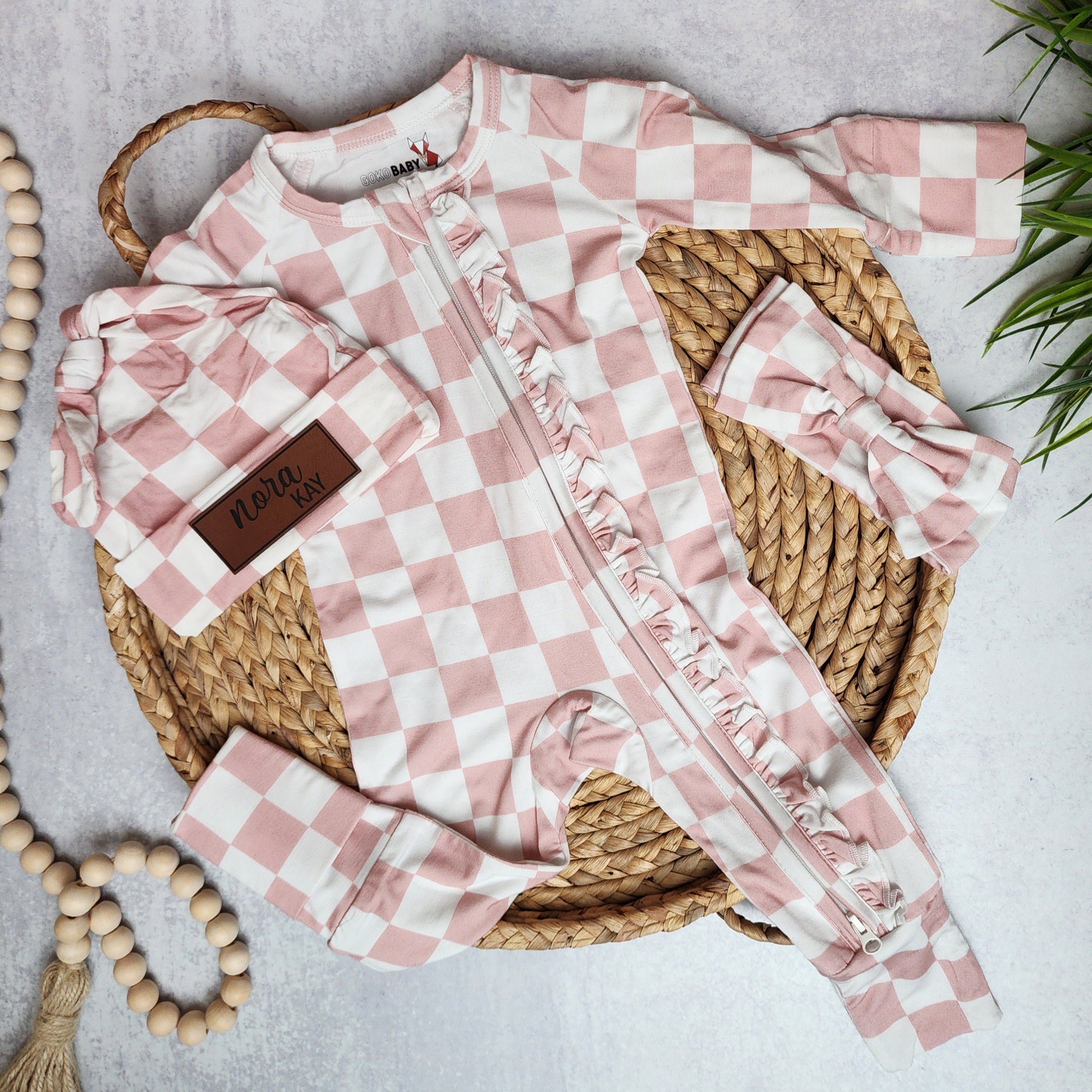 Bamboo Zip Romper | Personalized | Pink Checkerboard