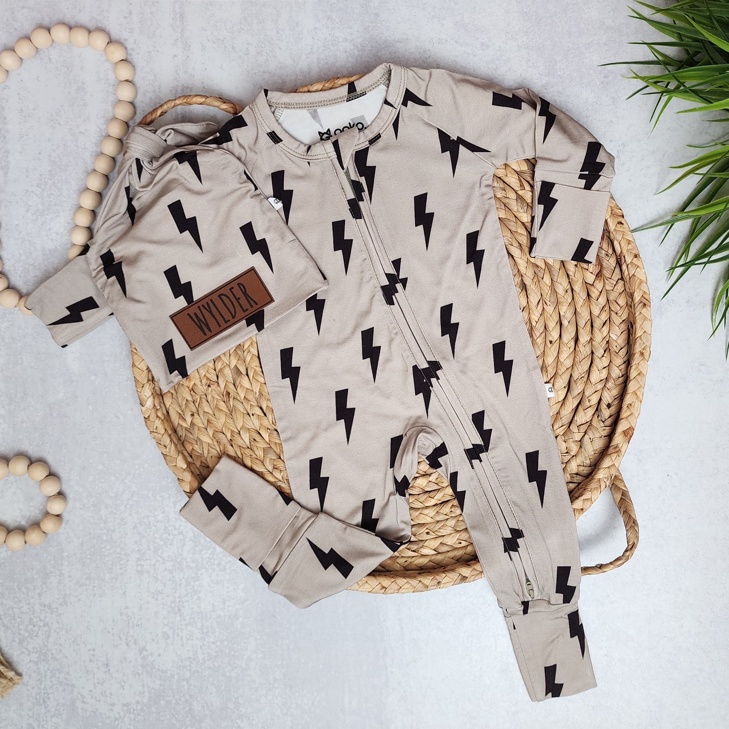 Bamboo Zip Romper | Personalized | Black Bolt Tan