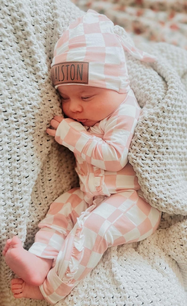 Bamboo Zip Romper | Personalized | Pink Checkerboard
