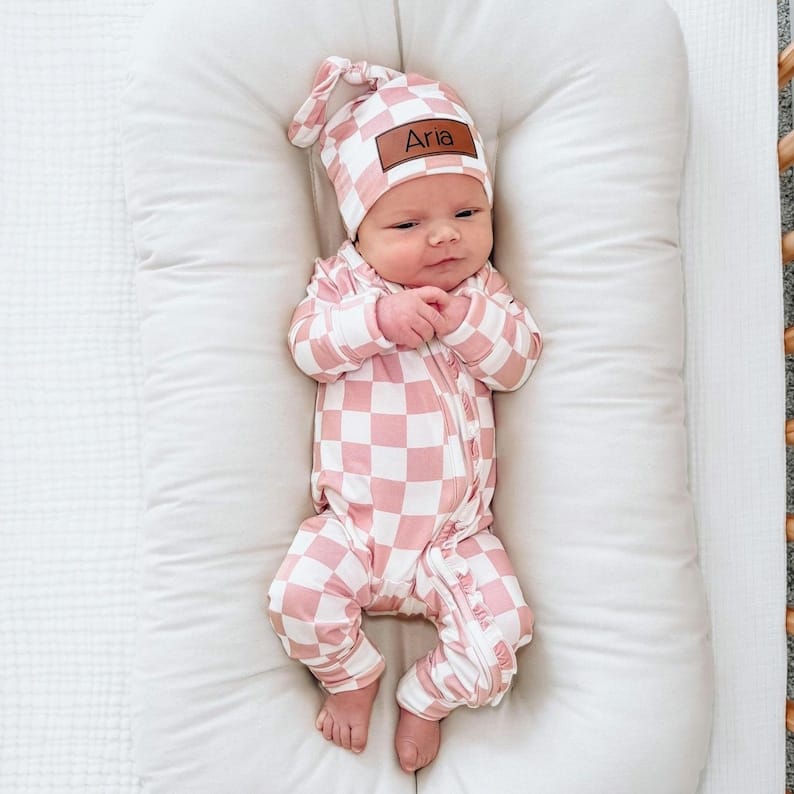 Bamboo Zip Romper | Personalized | Pink Checkerboard