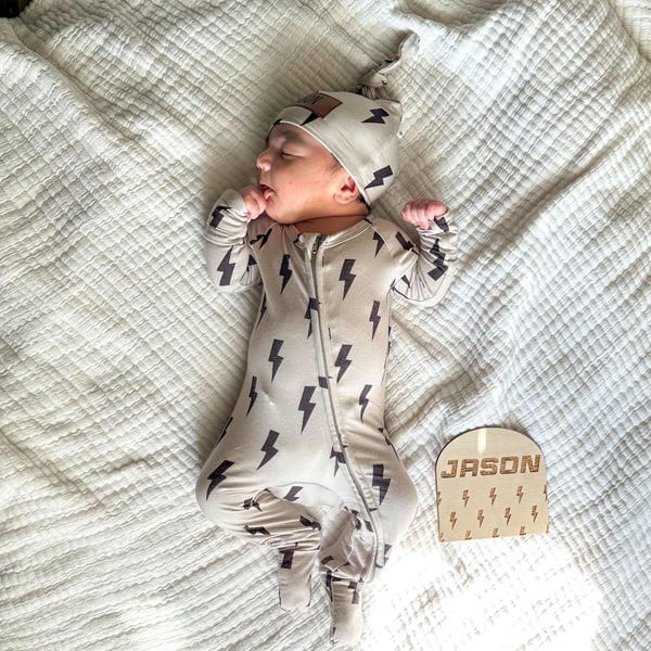Bamboo Zip Romper | Personalized | Black Bolt Tan
