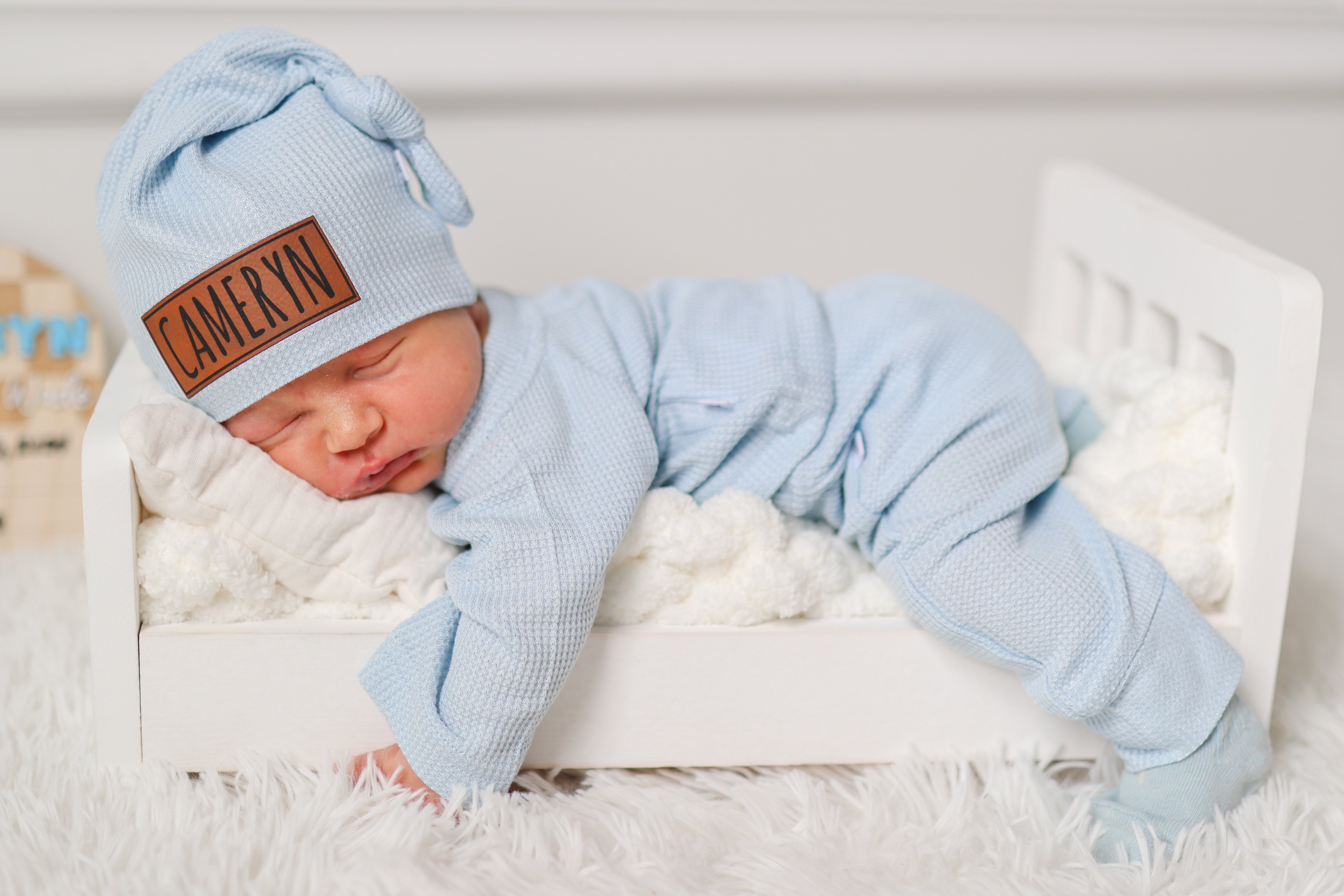 Bamboo Waffle Name Hat Set - Pale Blue
