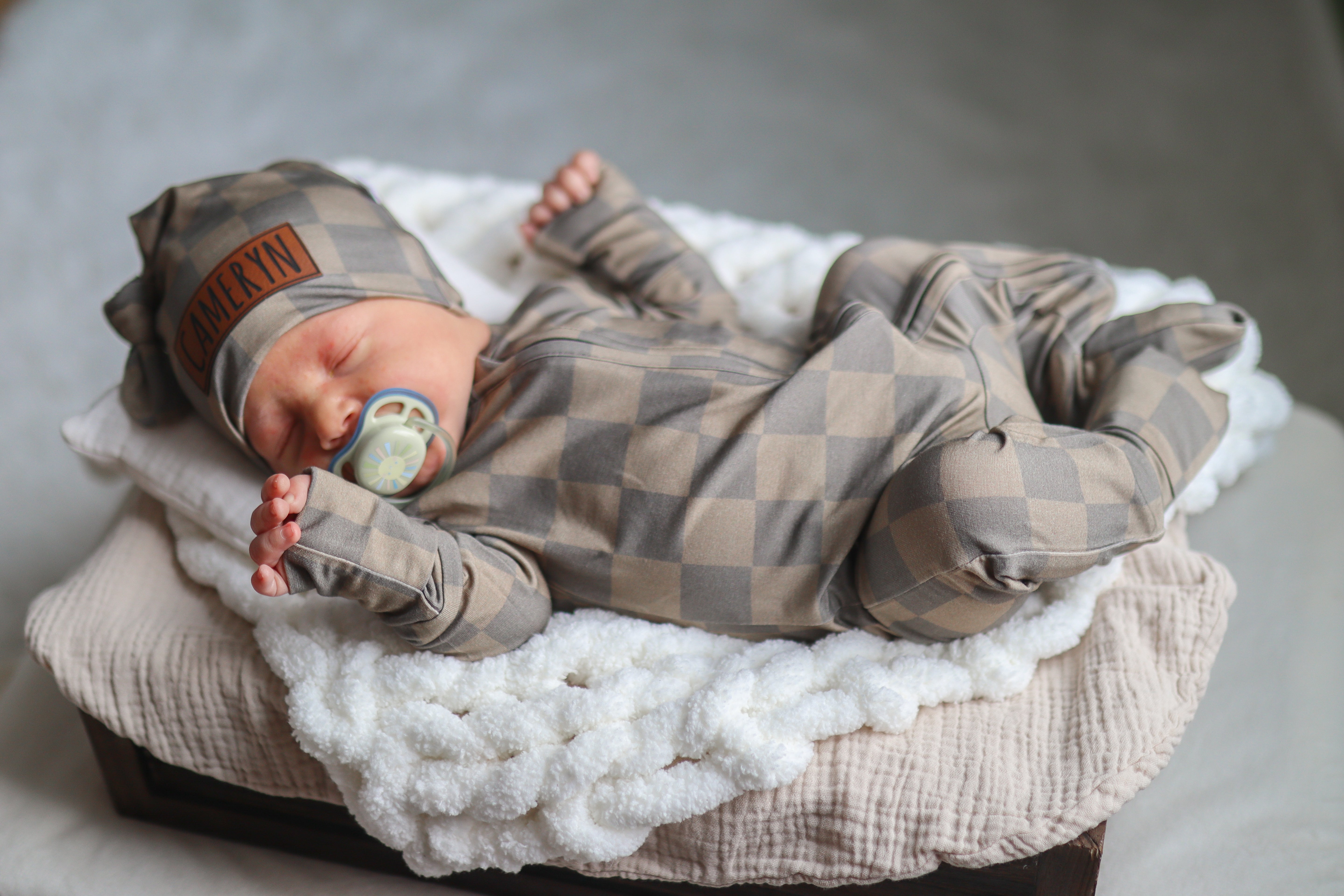 Bamboo Zip Romper | Personalized | Brown Checkerboard