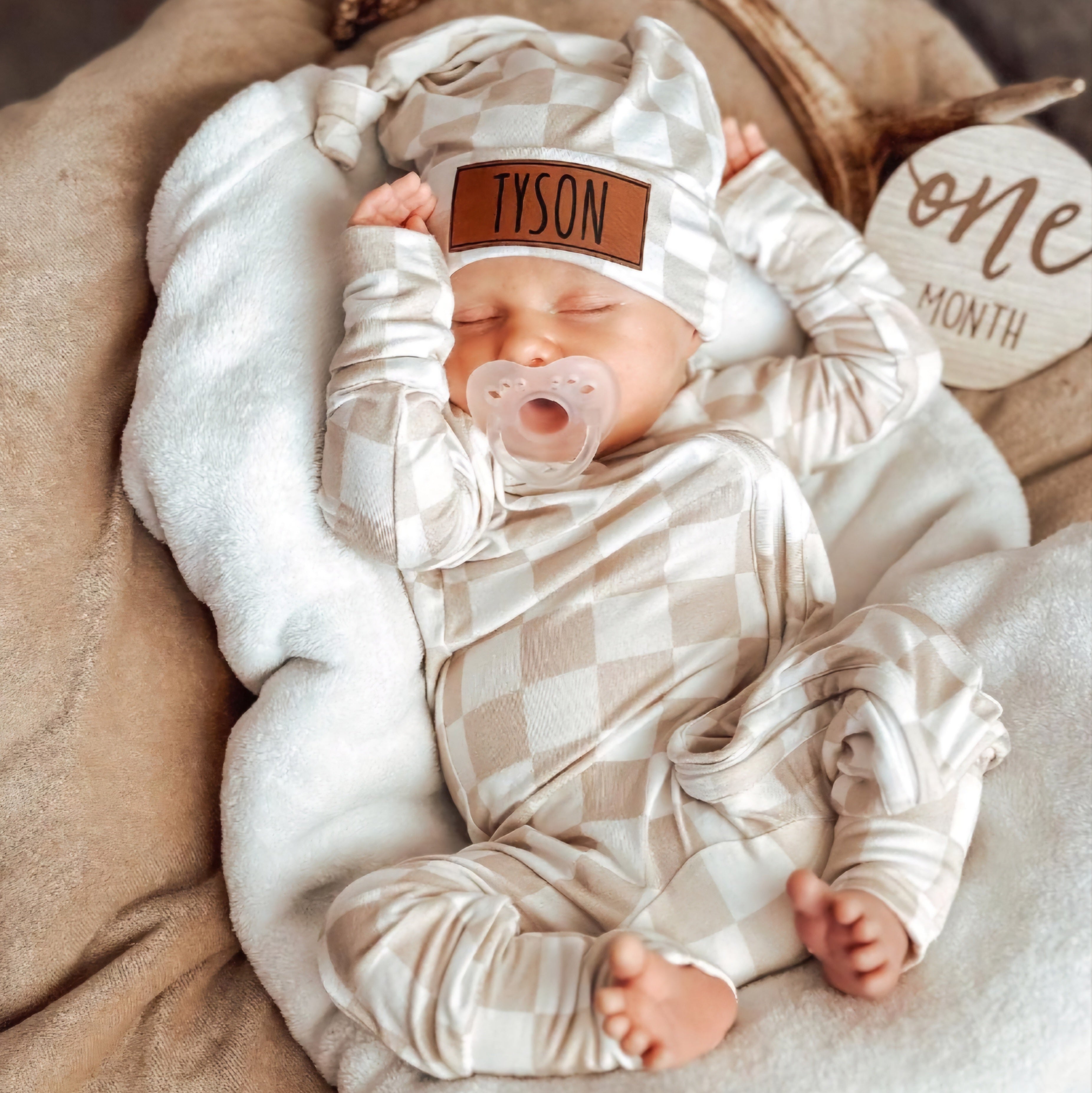 Bamboo Zip Romper | Personalized | Cream Checkerboard