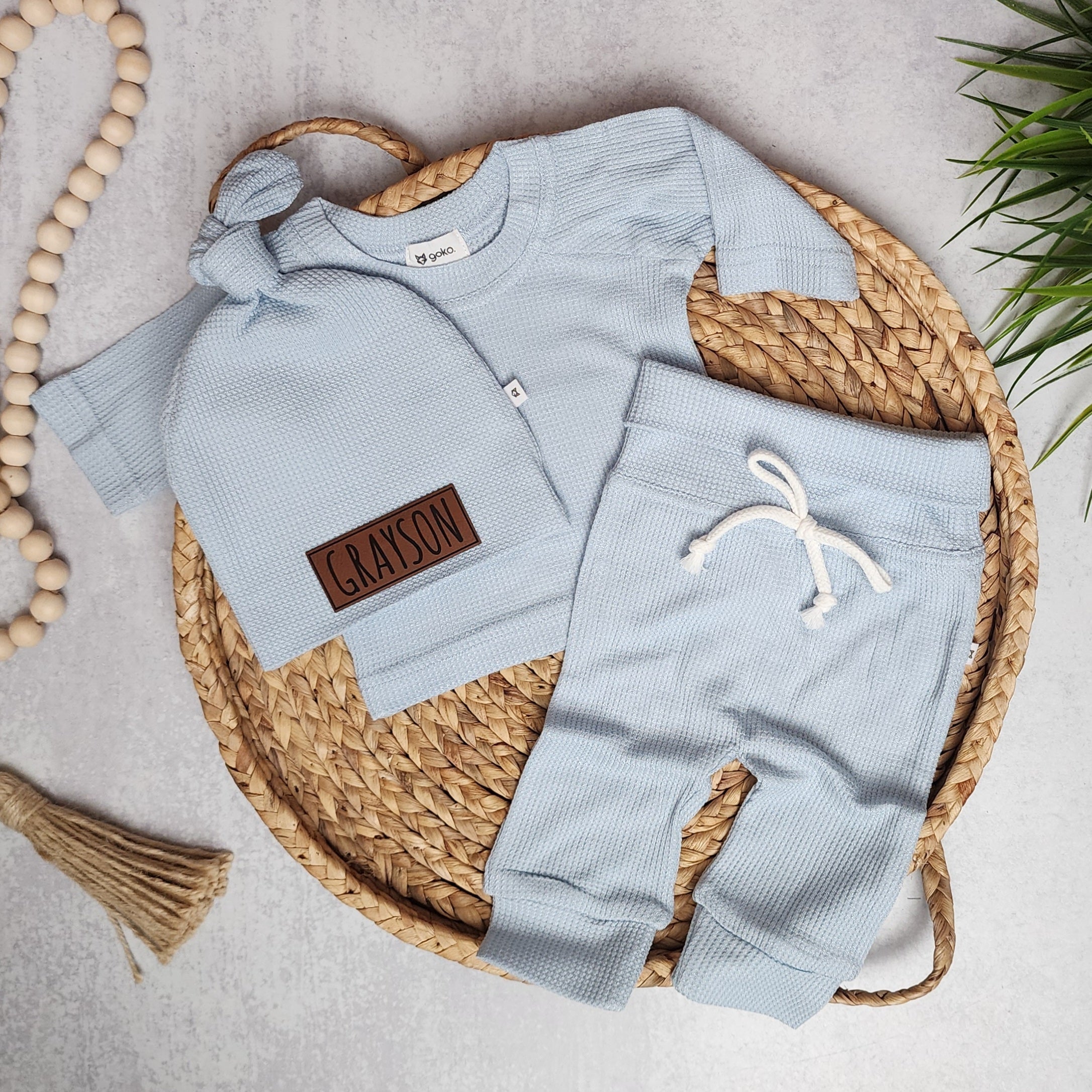 Bamboo Waffle Name Hat Set - Pale Blue