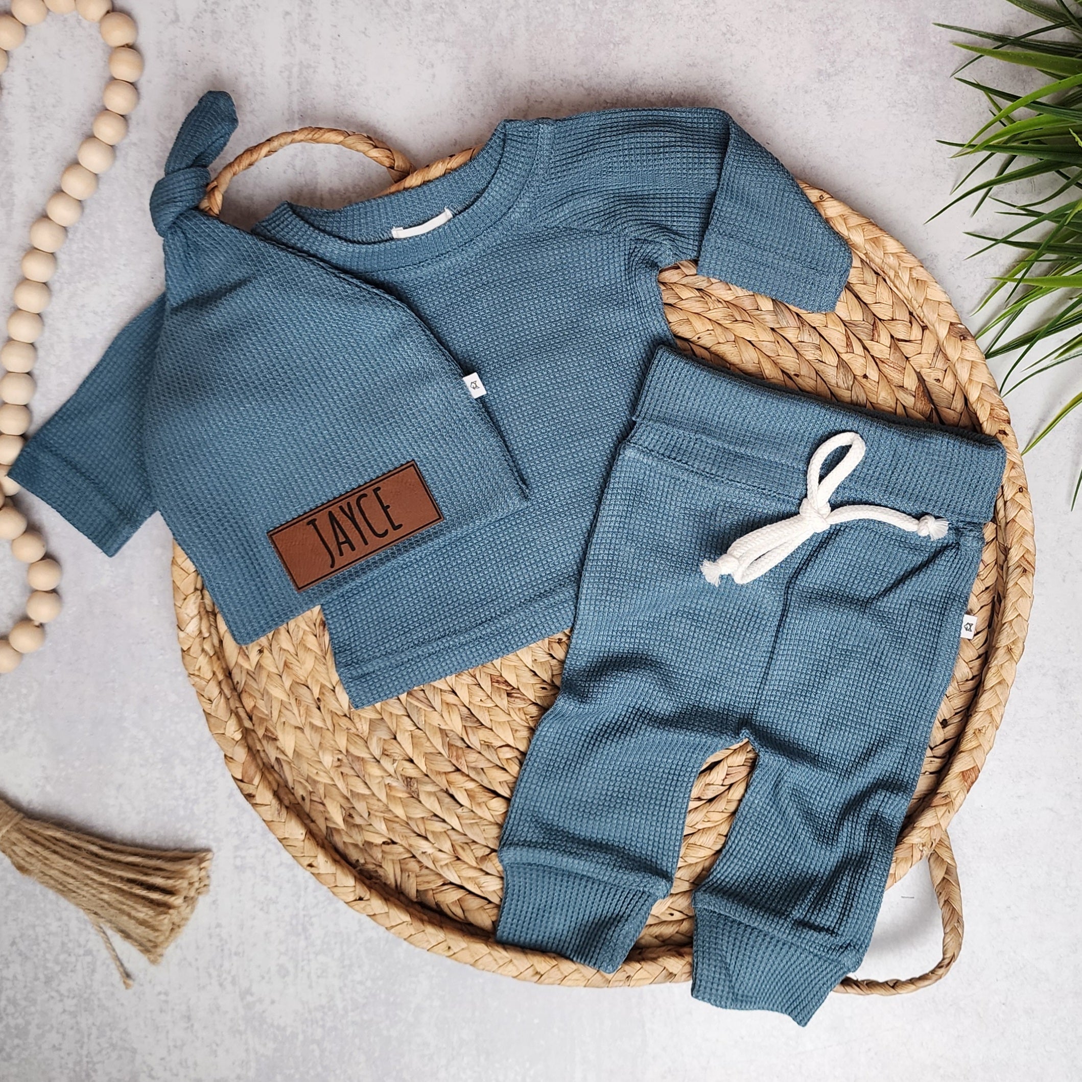 Bamboo Waffle Name Hat Set - Deep Blue