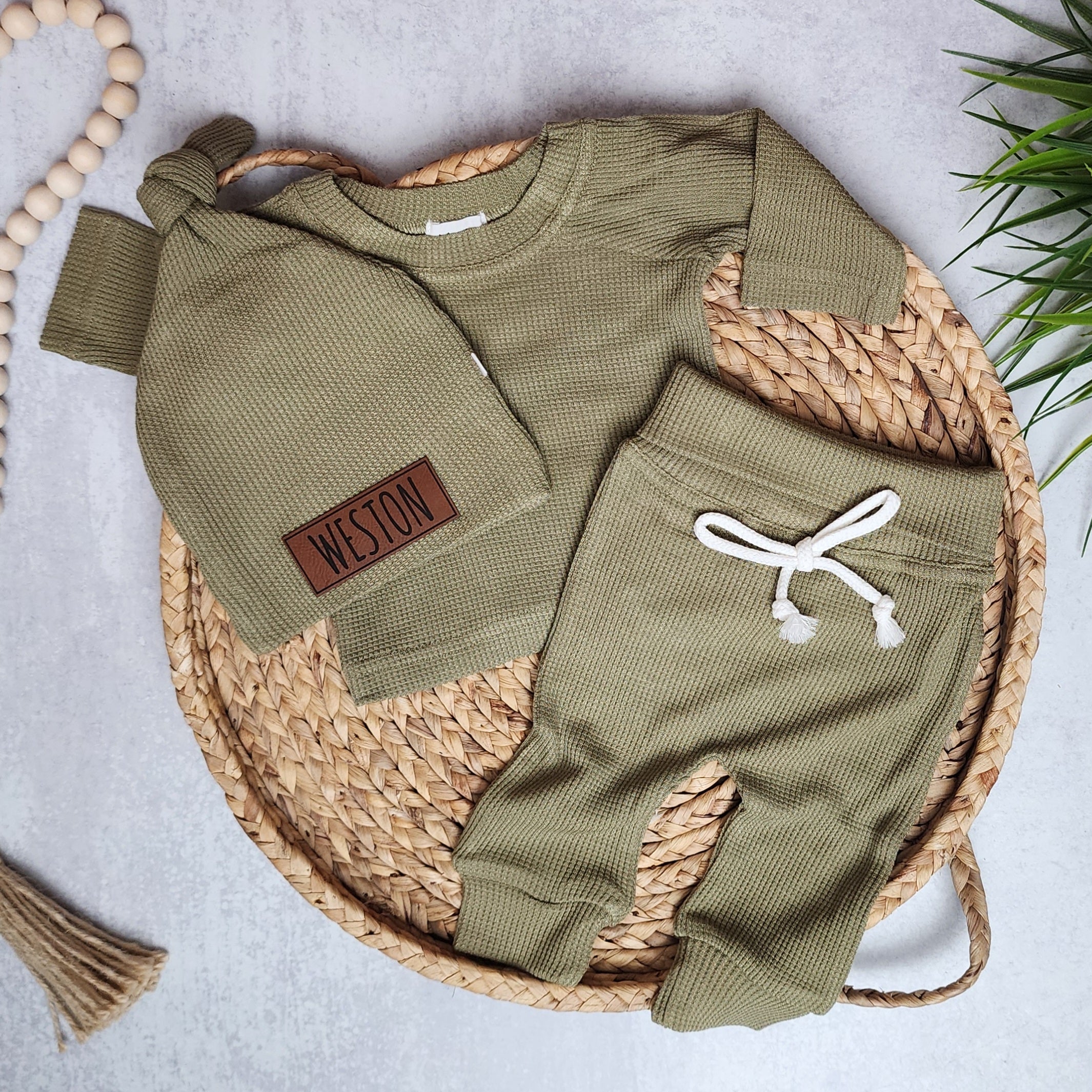 Bamboo Waffle Name Hat Set - Olive