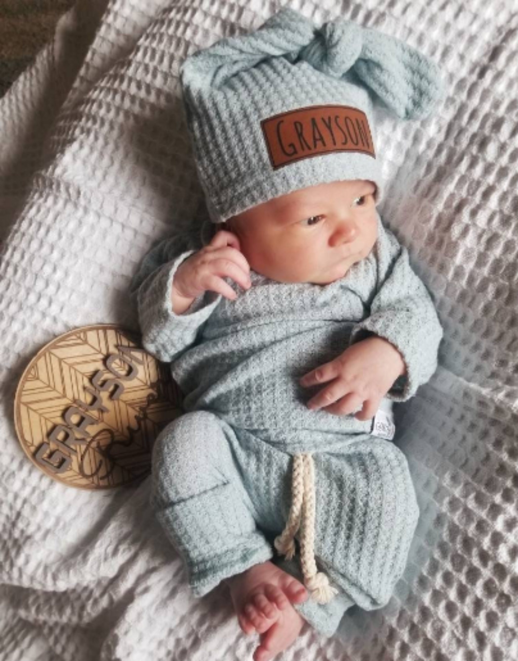 Waffle Name Hat Set - Powder Blue